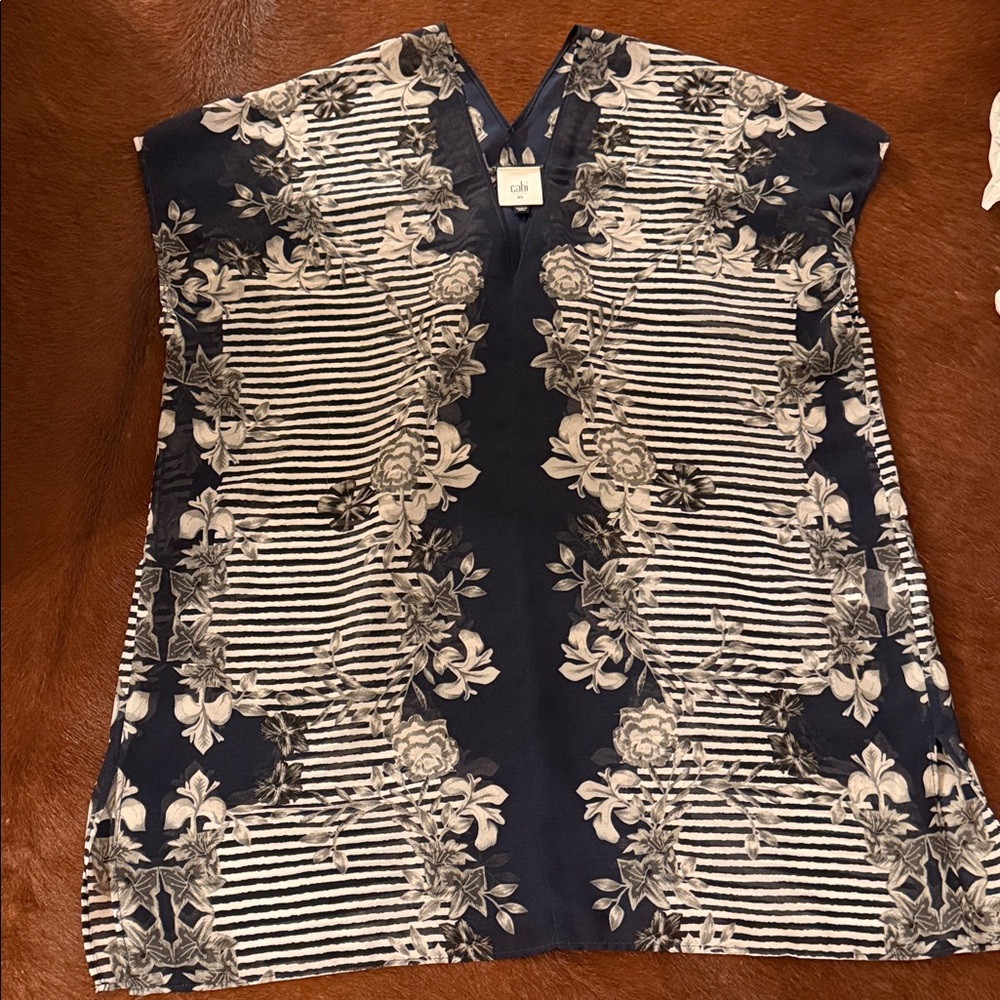 CAbi Navy Floral Striped Blouse